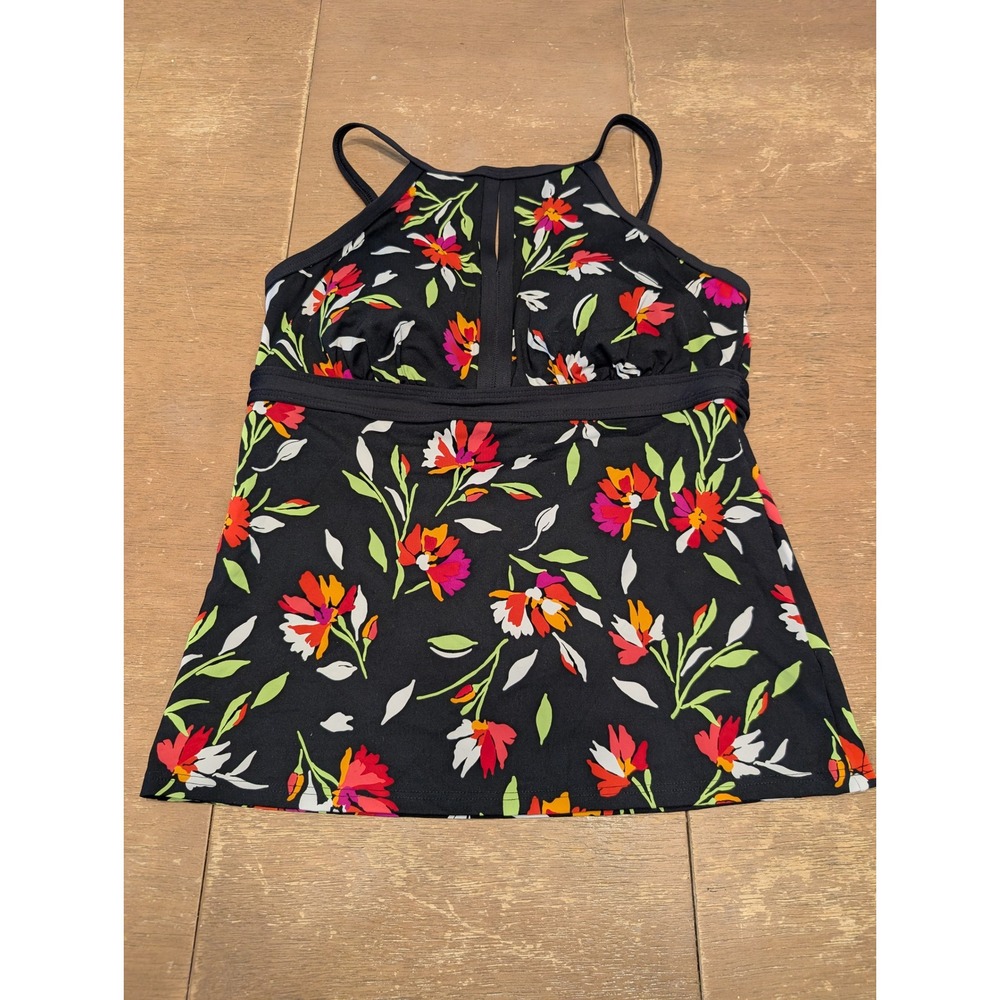 Lands End Womens Black Floral High Neck Keyhole Tankini Swim Top Size 10